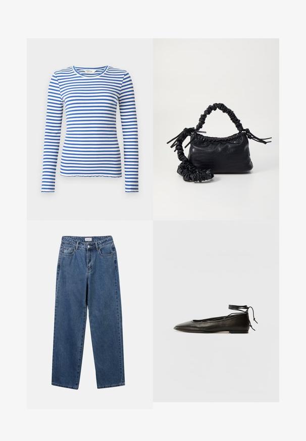 Sinine ja valge triibuline pikkade varrukatega särk, millel on ribakujuline tekstuur ja ümmargune kaelus, esitades ühtlaselt jaotatud horisontaalseid triipe.; Klassikalised sinised denimists teksad otsejalaga disainiga, viie taskuga ja nööbisuletusega. Omab keskmist pesu ja tugevat tekstuuri.; Must mustast balletijalatsid, millel on terav nina, pahkluu seotud ja lame tall, sujuva tekstuuri ning minimalistlik disain.; Must must sünteetilisest nahast käekott, millel on krokodillimuster, kokku tõmmatav ülaosa ja kortsus rihm. Tundub pehme ja kompaktne disain.