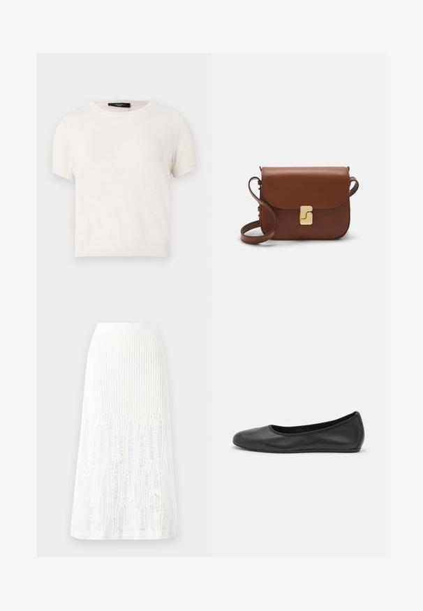 Short-sleeve, crew neck top in soft, light beige knit. Features a ribbed hem and cuffs. Minimalistic design with no patterns or accents.; Knit white midi skirt featuring a textured pattern with vertical lines and cut-out details near the hem. Elastic waistband. Soft material.; Black leather ballet flat with a rounded toe, smooth texture, minimal stitching detail, and a flexible sole design.; Brown leather handbag with a flap closure, gold-tone hardware, a shoulder strap, and a smooth texture. Compact rectangular shape.