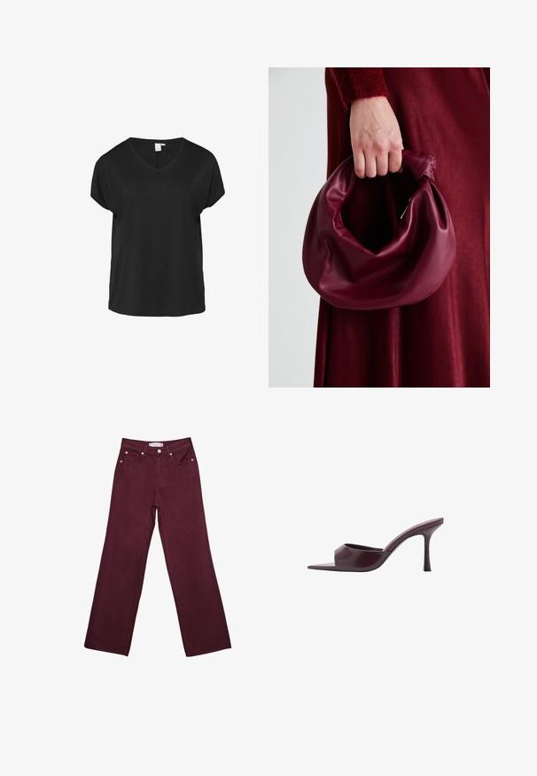 QS T-Shirt basic - schwarz; Burgunderfarbene hochtaillierte Jeans mit geradem Bein-Design, ausgestattet mit vorderen Taschen, einem Knopfverschluss und metallischen Akzenten in Kupferfarbe.; Burgunderfarbene High-Heel-Mules mit quadratischer Zehenpartie, aus glattem Leder gefertigt. Sie verfügen über ein elegantes, minimalistisches Design und einen schmalen Absatz.; Burgunderleder-Handtasche mit einem weichen, gerafften Design und einer gerundeten Form. Der Griff ist gesichert und zeigt eine glatte Textur.