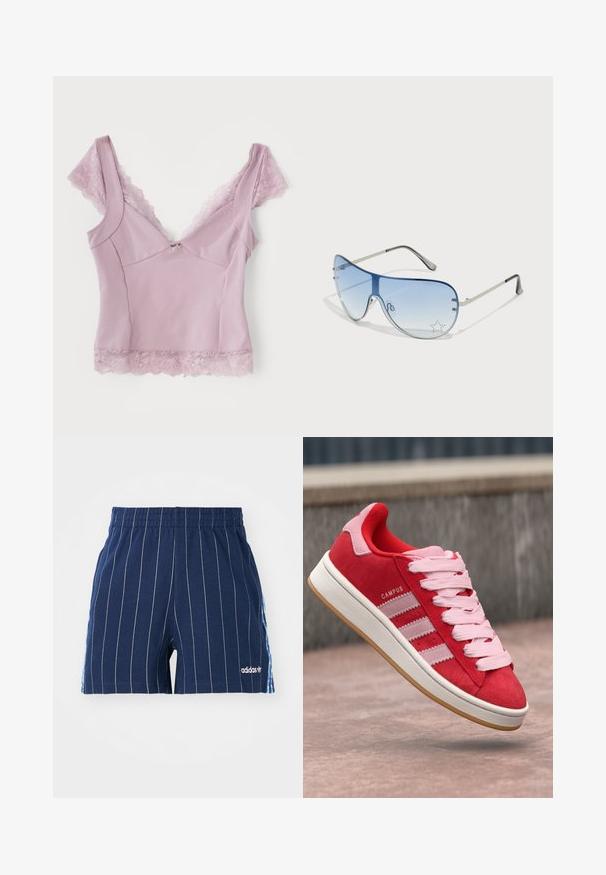 Rosa linne med spetsdetaljer, med en figurnära design, breda axelband och V-ringning. Tillverkat av ett slätt tyg med mjuk textur.; Mörkblå shorts med vita ränder, elastisk midja och Adidas-logo. Har blåa detaljer på sidorna, tillverkade av bomullsblandat material.; Röd mockaskor med rosa detaljer, med tre vita ränder och ljusrosa snören. Vit mellansula och gummisula.; Pilotglasögon med gradientblå linser, silverfärgad metallram och dekorativa stjärnaccenter på linserna. Snygg och elegant design.
