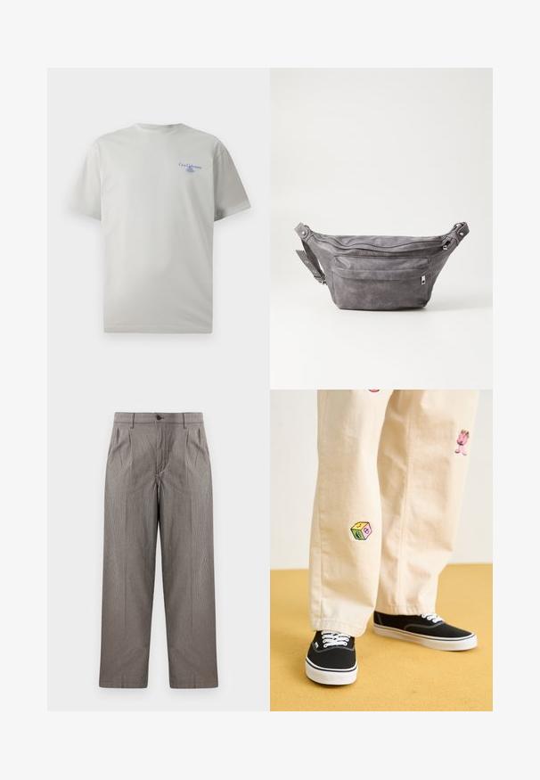 Lys grå bomulls t-skjorte med korte ermer, rund hals og en liten blå logo-tekst på venstre brystområde. Jevn tekstur.; Grått hundetannsmønster bukser med rett ben-design, med folder, belte med knappelukking, og sidelommer.; Beige bomullsbukser med lekne broderte design, inkludert en rosa karakter og fargede blokker, kombinert med svarte snørebåndssko.; Grå semsket fanny pack med avrundet form, to glidelåslommer og justerbar stropp. Har metallbeslag som detaljer.