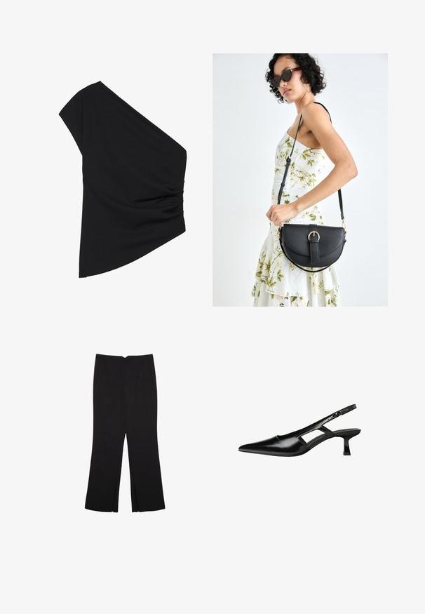 Schwarzes Top mit einem Schulterträger aus dehnbarem Stoff, das seitliche Raffung und einen asymmetrischen Saum aufweist. Glatte Textur mit leichtem Fall.; Schwarze Hose mit geradem Schnitt, ausgestattet mit Fronttaschen und Seitenschlitzen am Saum. Hergestellt aus weichem, glattem Stoff. Geeignet für verschiedene Anlässe.; Schwarze Lackleder-Slingback-High Heels mit spitzer Zehenform, ausgeschnittenem Seitendesign und kleinem Blockabsatz. Glatte Textur mit minimalen Akzenten.; Schwarze Lederhandtasche mit geschwungener Form, abnehmbarem Tragegurt und goldenen Beschlägen. Die Tasche verfügt über einen Deckel mit einer Schnallen-Details.