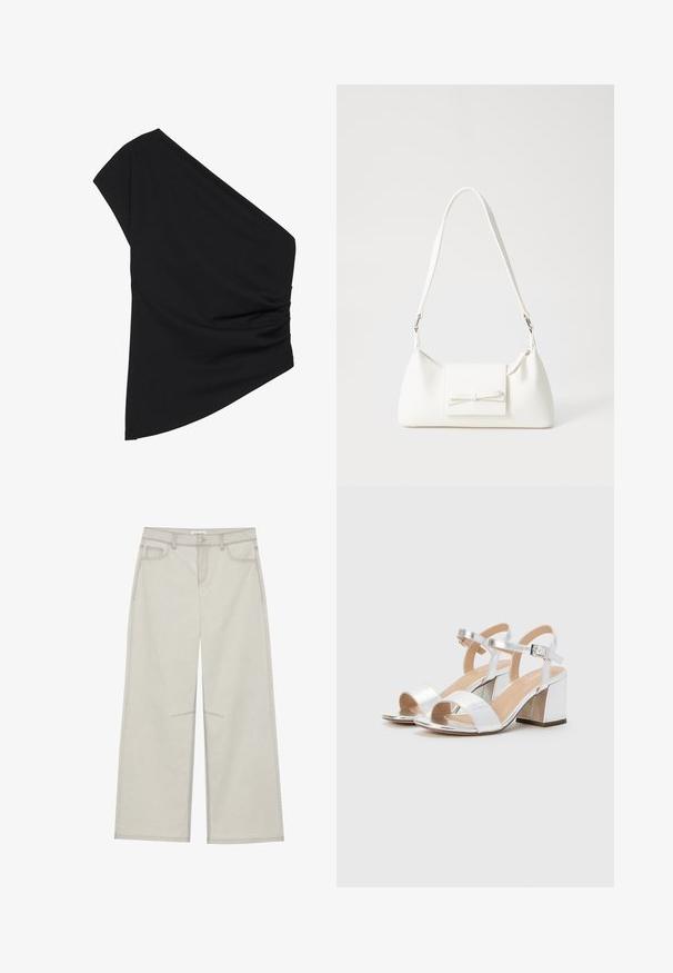 Schwarzes Top mit einem Schulterträger aus dehnbarem Stoff, das seitliche Raffung und einen asymmetrischen Saum aufweist. Glatte Textur mit leichtem Fall.; Hellgraue, weit geschnittene Hose mit fünf Taschen, vorderem Knopfverschluss und kontrastierenden Nähten. Der Stoff wirkt weich und langlebig.; Silberne High-Heels Sandalen mit offenen Zehen, ausgestattet mit zwei breiten Riemen und einem abgerundeten Blockabsatz. Glatte Textur mit metallic Finish.; Weiße synthetische Handtasche in dreieckiger Form, flache Vorderklappe und Schleifendetail, verstellbarer Trageriemen, glatte Textur und minimalistisches Design.