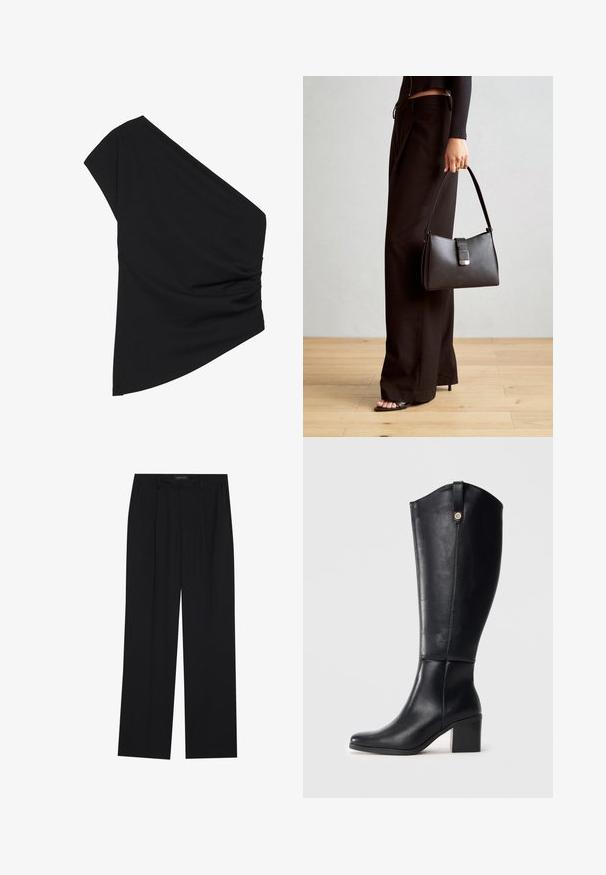 Zwart top met één schouder gemaakt van rekbare stof, met een gerimpeld zijdetail en een asymmetrische zoom. Glad textuur met een lichte drapering.; Zwarte broeken met een rechte pijpontwerp, voorzien van twee voorkanten zakken en een tailleband. Gemaakt van een gladde, lichte stof.; Zwarte leren laarzen tot de knie met een vierkante neus en blokhak. Beschikt over een zijnaad en een decoratieve metalen accent aan de bovenkant.; Zwarte handtas met gestructureerde vorm, gladde textuur en een metalen sluiting. Gecombineerd met brede zwarte broeken en sandalen met open teen op een houten vloer.