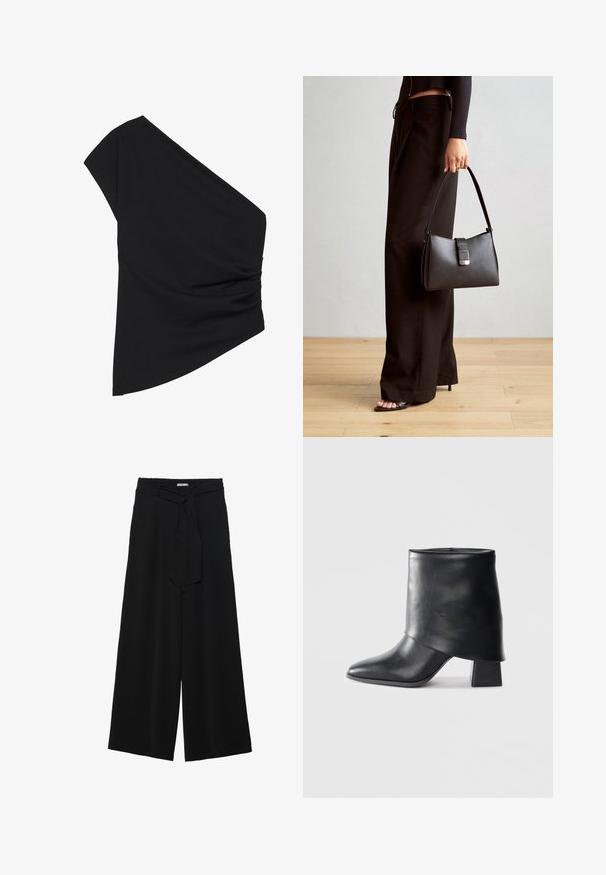 Top negro de un solo hombro hecho de tela elástica, con un detalle fruncido en el costado y un dobladillo asimétrico. Textura suave con un ligero caída.; Pantalones de pierna ancha negros con un tejido texturizado, una cinturilla elástica y un lazo desmontable en la cintura para un ajuste ajustable.; Bota de cuero negro hasta el tobillo con punta afilada, textura suave y un tacón bloque estructurado. Presenta un diseño de puño alto y doblado.; Bolso negro con forma estructurada, textura suave y un cierre metálico. Combinado con pantalones anchos negros y sandalias de dedo en un suelo de madera.