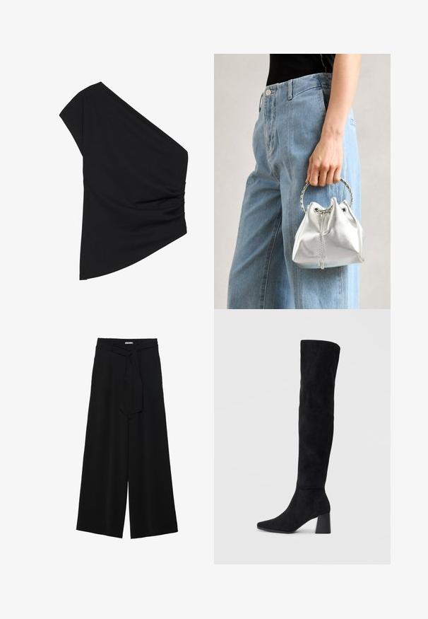 Svart topp med en axel gjord av elastiskt material, med en rynkad sidadetalj och en asymmetrisk nederkant. Slät textur med lätt drapering.; Svarta vida byxor med texturerad tyg, elastisk midja och en avtagbar käppknut i midjan för justerbar passform.; Svarta mocka knähöga stövlar med klack, spetsig tå och slät, sömlös design mot en ljus, enfärgad bakgrund.; Metallisk silverfärgad bucket-väska med en strukturerad yta, prydd med ett silverfärgat runt handtag och dragsko-stängning, hålls mot ljusblå jeans.