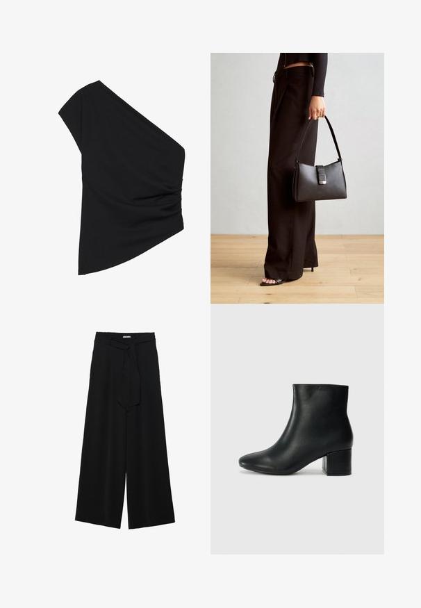 Crni top na jedno rame od rastezljivog materijala, s naboranim detaljem sa strane i asimetričnom ivicom. Glatka tekstura s blagim pada.; Crne široke hlače od teksturirane tkanine, s elastičnom pojasom i odvojivim remenom na struku za prilagodivo pristajanje.; Crne kožne čizme do članaka s uskim vrhom i debelim potplatom. Glatka tekstura s minimalnim detaljima i elegantan, prilagođen dizajn.; Crna torba s oblikom koji sadrži strukturu, glađu teksturu i metalnu kopču. Uparena s širokim crnim hlačama i sandalama na otvorenom s drvenog poda.