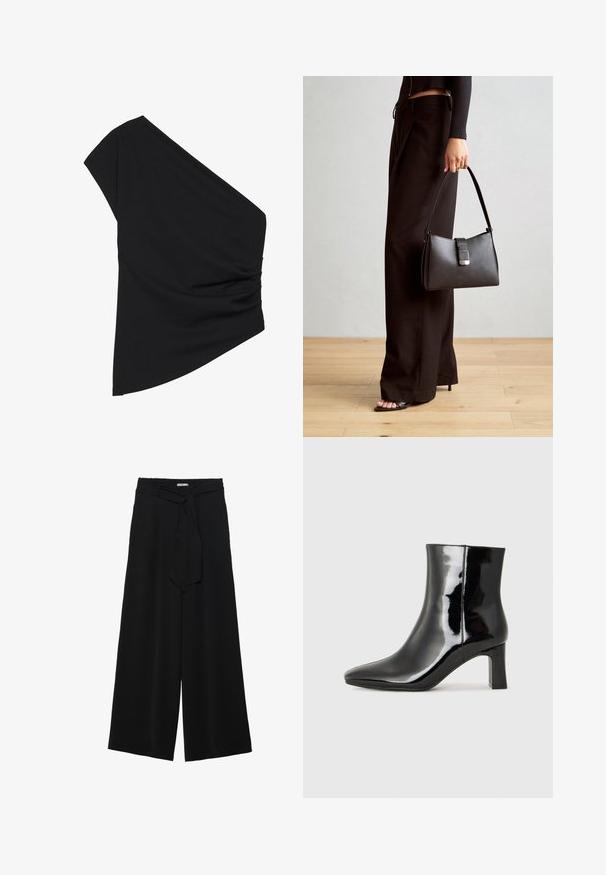 Ühe õlavarrega must topp, mis on valmistatud venivast kangast, millel on kõhuvormimise detail ja asümeetriline lõige. Sile tekstuur kerge drapeeringuga.; Mustad laiad püksid, millel on tekstureeritud kangas, elastne vöökoht ja eemaldatav pael vööst, et reguleerida sobivust.; Must-sinine nahkjalats musta läikiva viimistlusega, millel on terav nina ja keskmise kõrgusega plokk konts. Sile tekstuur ja minimalistik disain.; Must musta kott, millel on struktureeritud kuju, sile tekstuur ja metallist klamber. Kombineeritud laiate mustade pükstega ja avatud varvaste sandaalidega puidust põrandal.