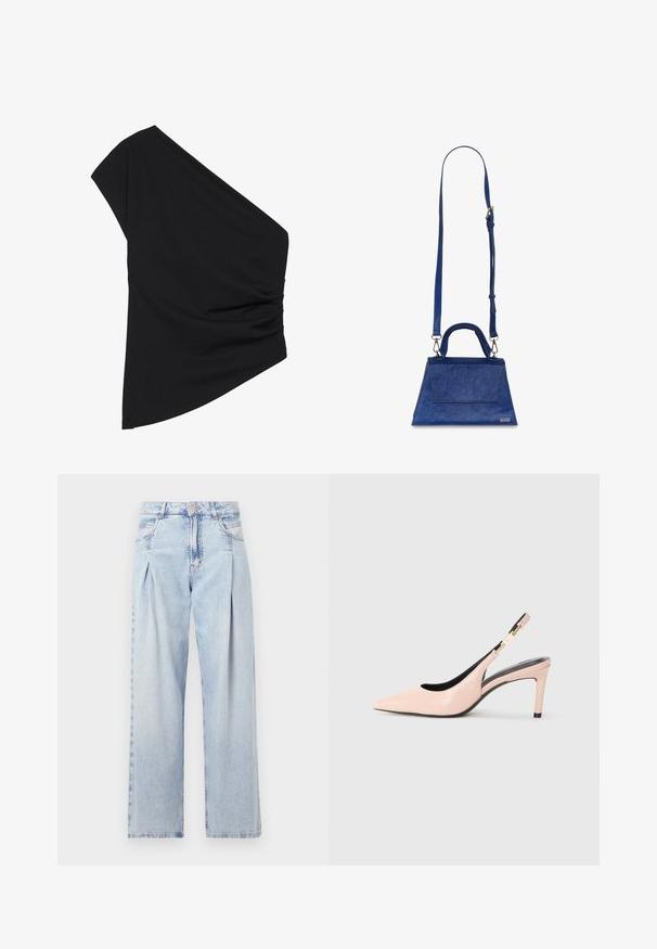 Černý top s jedním rukávem vyrobený z elastického materiálu, který má řasený detail na straně a asymetrický lem. Hladká textura s mírným splývavým efektem.; Světlé modré džíny z denimu s vysokým pasem, širokým střihem, dvěma bočními kapsami a nařaseným designem. Měkká textura s vybledlým povrchem.; Světle růžový kožený slingback pump s špičatou špičkou, černým interiérem a úzkým podpatkem. Ozdobený zlatým kovovým detailem na pásku.; Modrá kabelka z umělé kůže trojúhelníkového tvaru, s horním uchopením a nastavitelným ramenním popruhem. Má hladkou texturu a detail předního klapky.