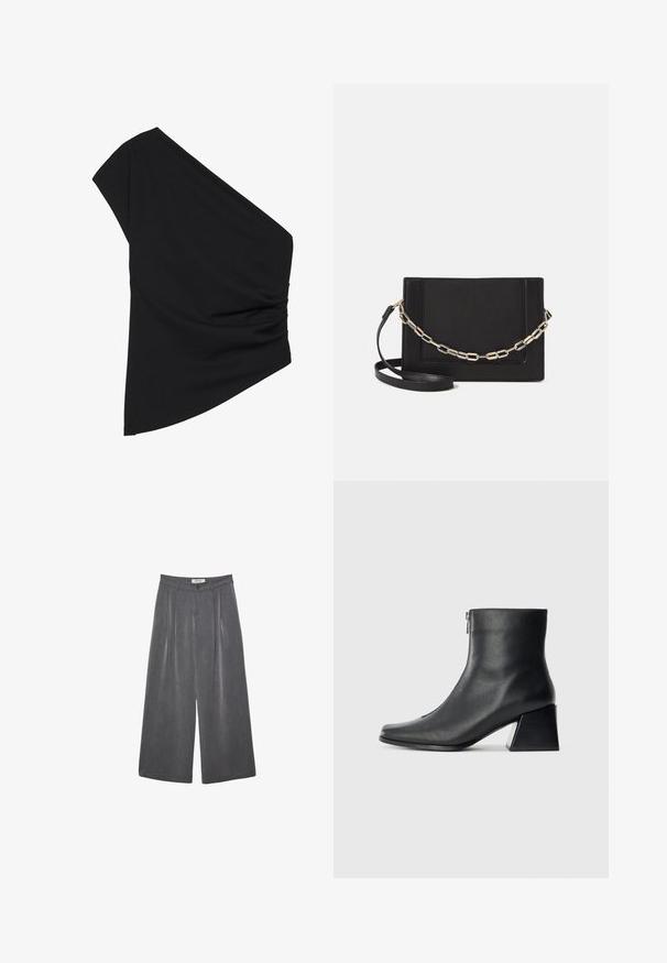 Zwart top met één schouder gemaakt van rekbare stof, met een gerimpeld zijdetail en een asymmetrische zoom. Glad textuur met een lichte drapering.; Plissé wijdbeens broek in een donkergrijze stof met een subtiele textuur. Met knoopsluiting en een klassiek taillebandontwerp.; Zwarte leren enkellaars met vierkante neus, zijrits en blokhak tegen een effen lichte achtergrond.; Zwarte leren schoudertas met een gladde textuur, rechthoekige vorm en een metallic kettingdetail aan de voorkant. Verstelbare schouderband inbegrepen.