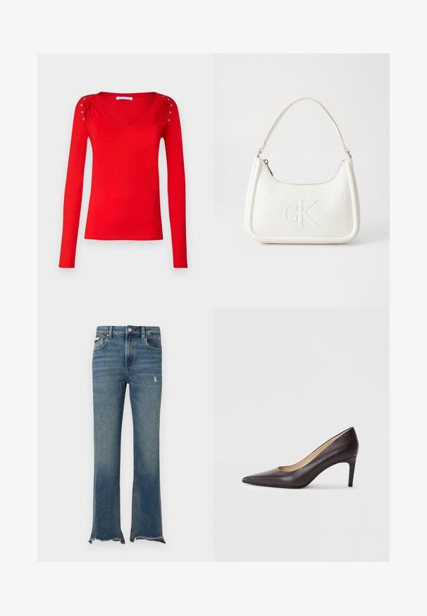 Piros, hosszú ujjas felső, puha anyagból készült, kerek nyakú és díszes ezüst szegecsekkel a vállakon. Sima textúra, testhezálló fazon.; Kék farmernadrág enyhe kopott hatással, ropogós szegéllyel, elülső zsebekkel, övbújtatókkal és gombos záródással.; Fekete bőr magassarkú cipő, hegyes orral, sima textúrával és vékony stiletto sarokkal. A belseje bézs bélésű.; Fehér bőrtáska ívelt formájú, elöl feltűnő "CK" logóval, egyetlen vállpánttal. Cipzáras zárás a tetején.