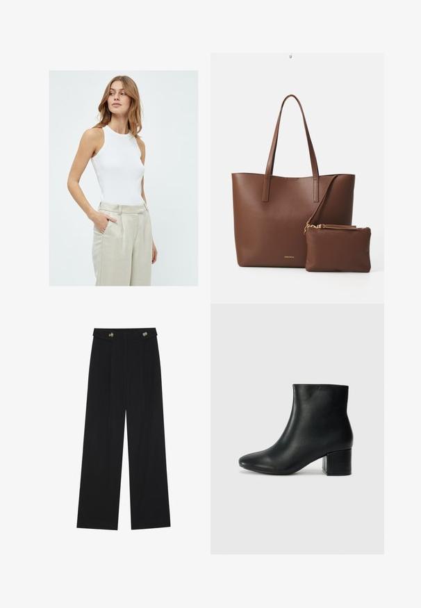 Canotta bianca senza maniche con un design aderente, realizzata in tessuto a coste, abbinata a pantaloni in lino beige chiaro a vita alta.; Pantaloni neri a gamba larga con vita alta, dettagli con bottoni in vita e pieghe frontali.; Stivali neri in pelle fino alla caviglia con punta appuntita e tacco spesso. Texture liscia con minimi dettagli e un design elegante e aderente.; Borsa a tote in finta pelle marrone con due manici lunghi e una piccola pochette coordinata. La superficie presenta un motivo testurizzato e dettagli in metallo dorato.