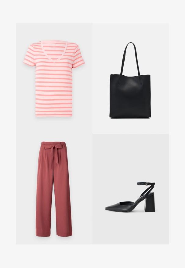 Roze en witte gestreepte t-shirt met korte mouwen en een v-hals, gemaakt van zacht katoen. Het heeft gelijkmatig verdeelde horizontale strepen.; Wijd been broek in een stofkleur van stofroze, gemaakt van een zachte stof, met een strikceintuur in de taille en zijzakken.; Zwarte leren puntige pump met een enkelbandje en een chunky hak. Vlakke textuur, strakke vormgeving en minimalistische esthetiek.; Zwarte leren handtas met een gladde textuur, rechthoekige vorm en twee lange handvaten. Geen zichtbare hardware of versieringen.