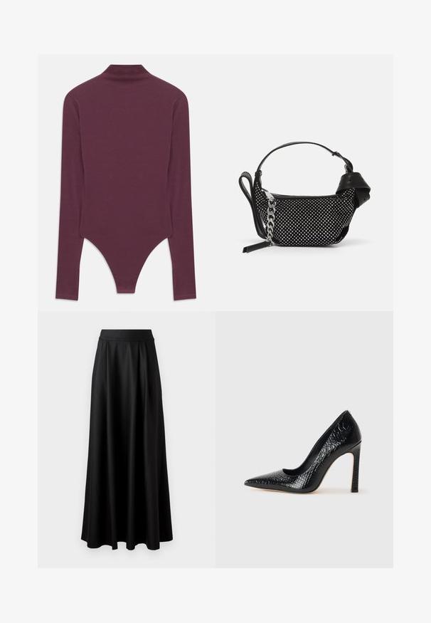 Bodysuit pitkillä hihoilla burgundinpunaisena, jossa on korkea kaulus, valmistettu pehmeästä kankaasta ja jossa on kiilaleikkaus alaosassa sekä tiukat hihat.; Mustat, lattiapituinen hame, jossa on sileä pinta, leveä vyötäröosa ja plissoitu muotoilu, ilman näkyviä kuvioita tai koristeita.; Musta kapea nilkkakorkokenkä krokotiilin nahkakuviolla, joka on varustettu tyylikkäällä muotoilulla, korkealla stiletto-korkealla ja sileällä mustalla sisäosalla.; Musta käsilaukku, jossa on niittikoristeet, ketjuhihna ja sileä nahkakahva, pyöreä muoto ja vetoketjullinen osasto.