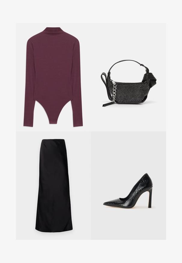 Mě deep burgundy body s dlouhým rukávem a vysokým límcem, vyrobené z jemné látky, s thong střihem na spodní části a přiléhavými rukávy.; Norma Kamali BIAS OBIE SKIRT - Maxi sukně - black; Černý lodičkový bot s špičatou špičkou, pokrytý texturou krokodýlí kůže, s elegantním designem, vysokým stiletto podpatkem a hladkým černým interiérem.; Černá kabelka s cvočky, řetízkem a hladkým koženým držadlem, kulatého tvaru a se zipovou kapsou.