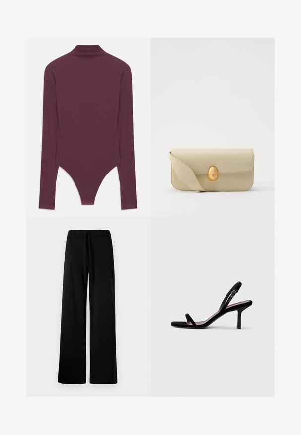Body de manga larga burdeos con cuello alto, hecho de una tela suave, con un corte de tanga en la parte inferior y mangas ajustadas.; Pantalones anchos de color negro, fabricados en un tejido suave, con cintura elástica y cordón, textura lisa y sin bolsillos ni estampados visibles.; Sandalia de tacón alto de gamuza negra para mujer, con tiras finas y una hebilla dorada, sobre un fondo blanco, vista lateral.; Bolso de mano de cuero beige con una textura suave, forma rectangular y un cierre ovalado dorado. Cuenta con una correa larga y ajustable.