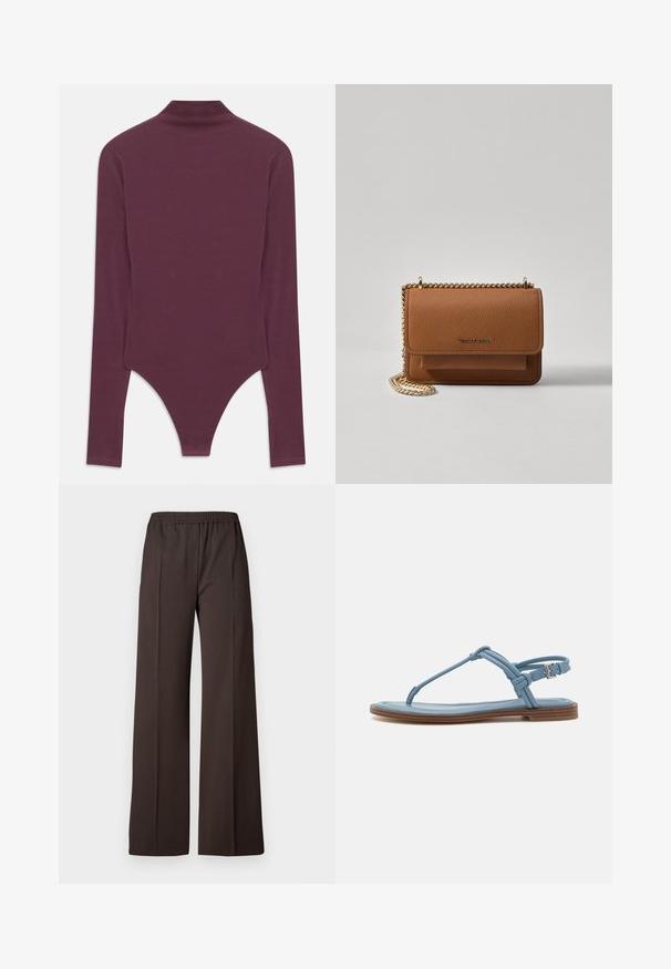 Burgundski bodi dugih rukava s visokim ovratnikom, izrađen od mekane tkanine, s tanga krojem na dnu i prilagođenim rukavima.; Široke hlače od tamnosmeđe tkanine s elastičnom trakom u struku, s glatkom teksturom i urednim linijama za prilagođeni izgled.; Plave kožne japanke s ravnim potplatom, koje imaju tanak dizajn trakica i kopčanje oko gležnja za sigurno prianjanje.; Smeđa kožna torba preko tijela s teksturom, zlatnim lančićem i preklopom na zatvaranju. Na prednjoj strani nalazi se detalj s potpisom i džep ispod preklopa.