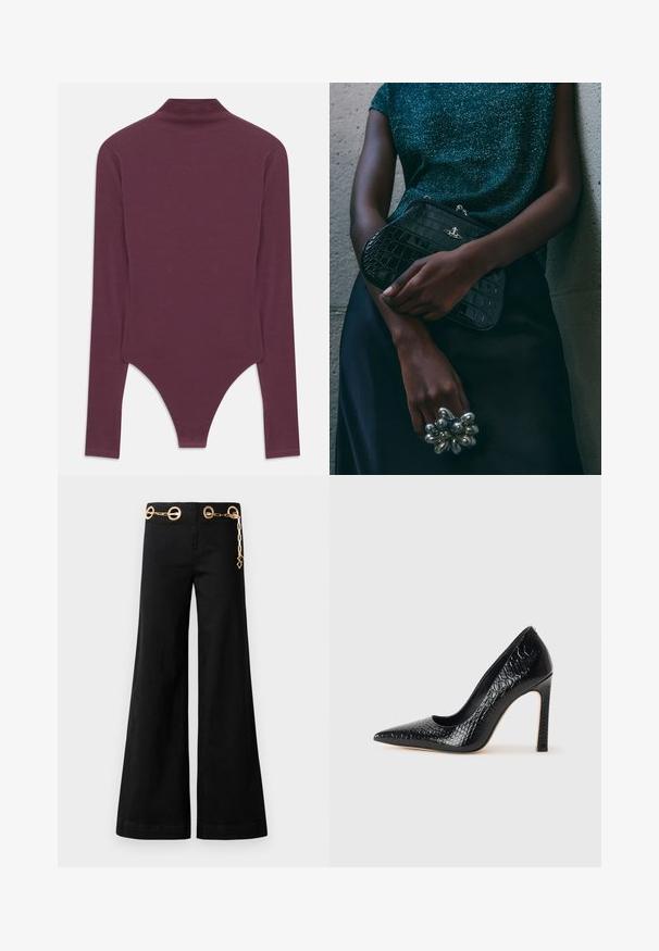 Body lungo bordò con maniche lunghe e collo alto, realizzato in un tessuto morbido, con un taglio a perizoma nella parte inferiore e maniche aderenti.; Pantaloni neri a gamba larga realizzati in cotone, con elementi circolari in metallo dorato e un dettaglio a catena sulla vita. Texture liscia, taglio pulito.; Scarpa nera con punta a punta alta in pelle di coccodrillo, caratterizzata da un design elegante, alto tacco a spillo e interno nero liscio.; Clutch bag nera con motivo coccodrillo e hardware argentato, appoggiata su uno sfondo grigio texture. Presenta una superficie lucida.