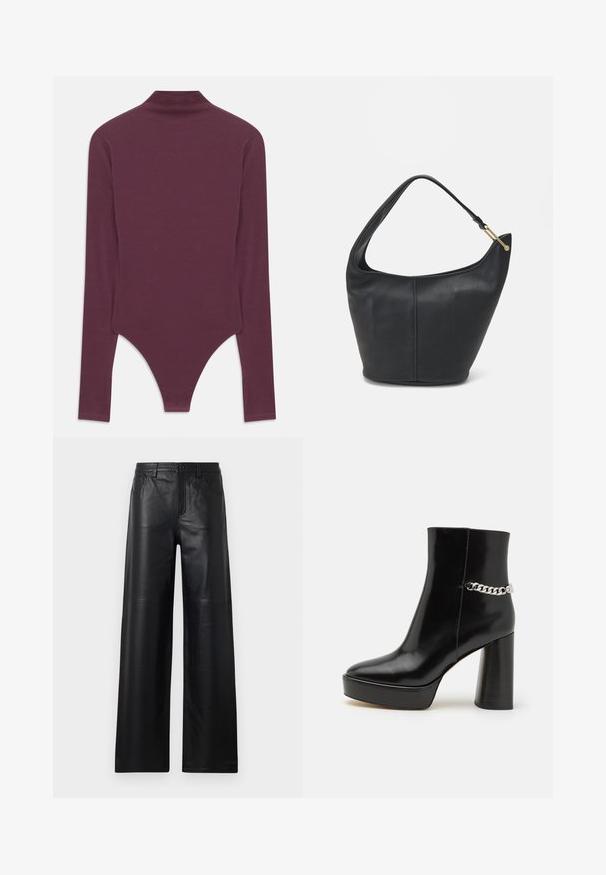 Burgundski bodi dugih rukava s visokim ovratnikom, izrađen od mekane tkanine, s tanga krojem na dnu i prilagođenim rukavima.; Široke crne kožne hlače s glatkom teksturom, koje imaju prednje džepove, kopčanje na dugme i suptilne detalje šivanja.; Crne lakirane kožne gležnjače s debelim platformom i visokim blok štiklom. Imaju srebrni lanac kao detalj sa strane. Glatka tekstura.; Crna kožna torba za ruke s zaobljenim oblikom, širokim remenom i teksturiranim završetkom. Sadrži suptilan detalj šava i zlatnu metalnu akcentu.