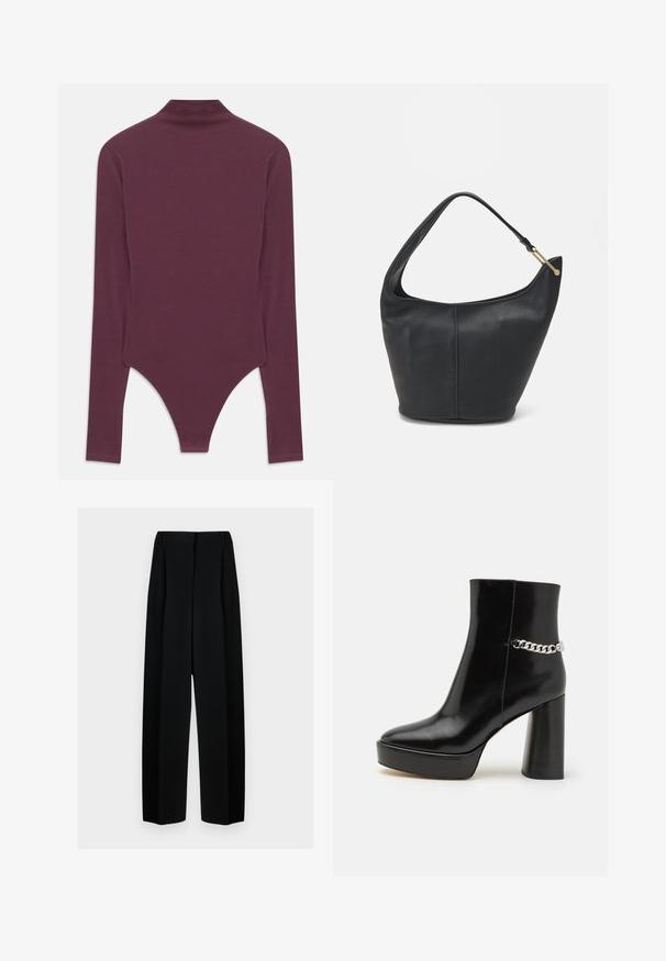 Burgundy long-sleeve bodysuit with a high neck, made of soft fabric, featuring a thong cut at the bottom and fitted sleeves.; Black wide-leg trousers with a high waist, featuring pleats and a smooth texture. The fabric appears lightweight and drapes elegantly.; Black patent leather ankle boot with a chunky platform and high block heel. Features a silver chain accent on the side. Smooth texture.; Black leather handbag with a rounded shape, a wide strap, and a textured finish. Features a subtle seam detail and a gold-tone hardware accent.