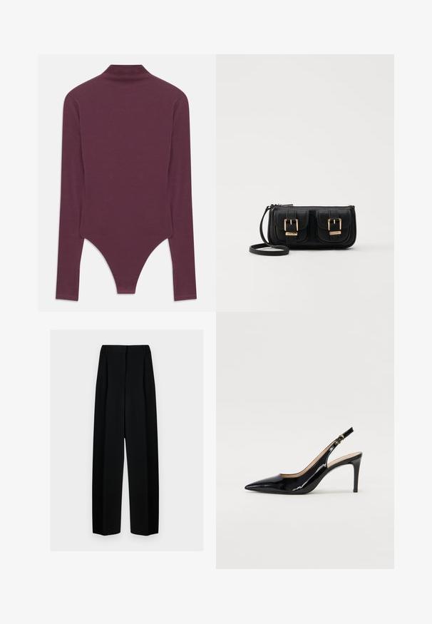 Burgundský dlhý rukáv body s vysokým golierom, vyrobené z mäkkej tkaniny, s tangovým strihom na spodnej časti a priliehavými rukávmi.; Čierne široké nohavice s vysokým pásom, so skladmi a hladkou textúrou. Tkanina vyzerá ľahko a elegantne sa drapuje.; Čierne lakované kožené slingback lodičky s špicatou špičkou, štíhlým podpätkom a jemným výrezom. Obsahuje zlatú pracku na remienku.; Čierna kožená crossbody taška s dvoma prednými vreckami, zlatými sponami, zipsovým uzatváraním a úzkym popruhom. Štruktúrovaný povrch a kompaktný obdĺžnikový tvar.