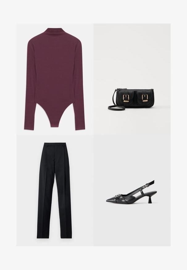 Burgundi pika kõrge kaelusega pikad varrukad bodi, mis on valmistatud pehmest kangast, mille allosas on stringi lõige ja kitsad varrukad.; Mustad püksid siledast kangast, millel on kõrge vöökoht, laiad jalad, esimesed kortsud ja klassikalised vööloopid. Küljepockets pole nähtavad.; Must must have must toote tõmblukuga, dekoratiivsed rihmad metallist silmadega ja madal blokk-kand. Tekstureeritud pind.; Must küllastamata nahast õlakott, millel on kaks esist nähtavat taskut, kuldsed pandlad, tõmblukuga sulgemine ja peen rihm. Tekstuuriga pind ja kompaktne ristkülikukujuline kuju.