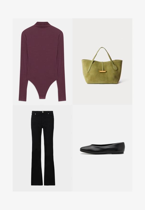 Burgundy long-sleeve bodysuit with a high neck, made of soft fabric, featuring a thong cut at the bottom and fitted sleeves.; Black flared jeans made of denim, featuring two front pockets, a button closure, and a smooth texture. Signature stitching visible at seams.; Paul Smith TOPANGA - Ballet pumps - black; Green suede bag with a structured shape, elongated handles, and a gold accent. Smooth texture, minimalistic design, lacks visible hardware.