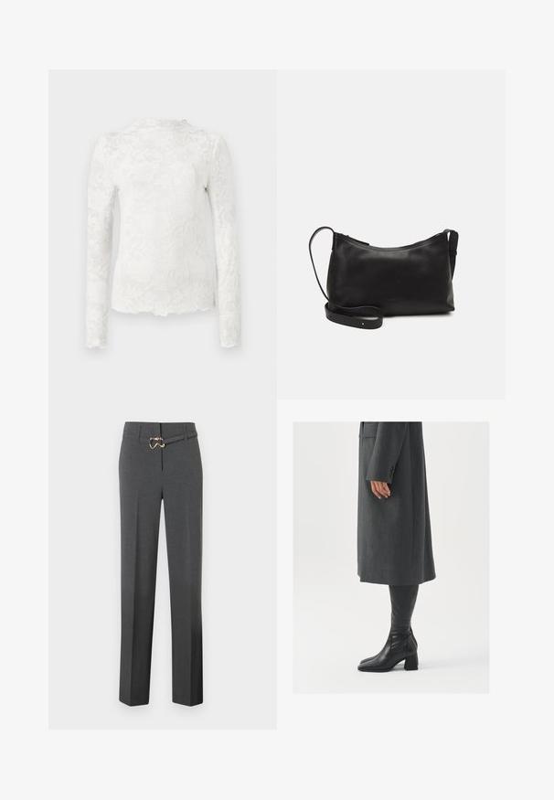 Weißes Langarmoberteil mit hohem Kragen, das ein dezentes florales Spitzenmuster und einen gewellten Saum aufweist.; Dunkelgraue, maßgeschneiderte Damenhose mit geraden Beinen und einem dünnen, passenden Gürtel mit goldfarbener Schnalle.; Grau, maßgeschneiderter Überwurf mit geradem Schnitt; kombiniert mit knöchelhohen, schwarzen Lederstiefeln mit quadrater Zehenform und klobigem Absatz.; Schwarze Ledertasche für die Schulter mit glatter Textur, geschwungener Form, verstellbarem Tragegurt und Reißverschluss. Minimalistisches Design ohne Verzierungen.