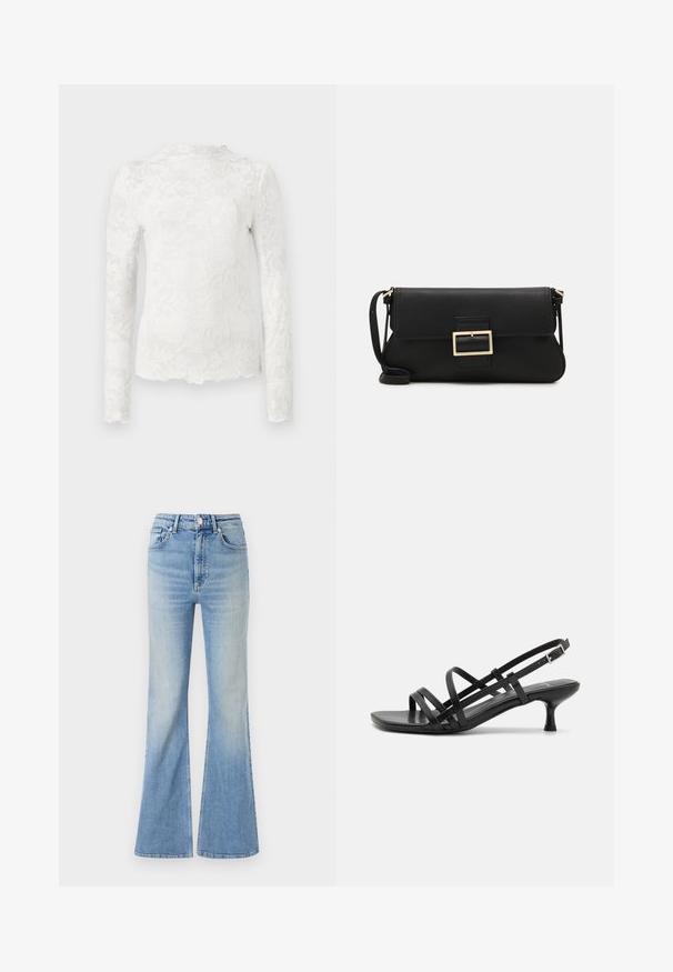 Balta garām piedurknēm blūze ar augstu kakla līniju, kurai ir smalka ziedu mežģīņu raksts un viļņota apakšmala.; Gai zili flared džinsi, kas izgatavoti no denima, ar augstu jostasvietu, piecu kabatu dizainu un maigu gradientu izbalēšanu uz apakšmalas.; Melni papēžu sandales ar vairākiem krustveida siksnām. Gluda materiāla, norādīta purngala un šaura papēža. Regulējama potītes siksna ar sprādzīti.; Melnas ādas saķeres soma ar atloku un zelta metāla sprādzi. Ietver melnu siksnu un elegantu, minimālistisku dizainu.; Sudraba gredzenveida auskari ar savītu dizainu, kas ir ar pulētu apdari un ar aizmugurēju fiksāciju. Izmērs ir aptuveni 3 cm diametrā.