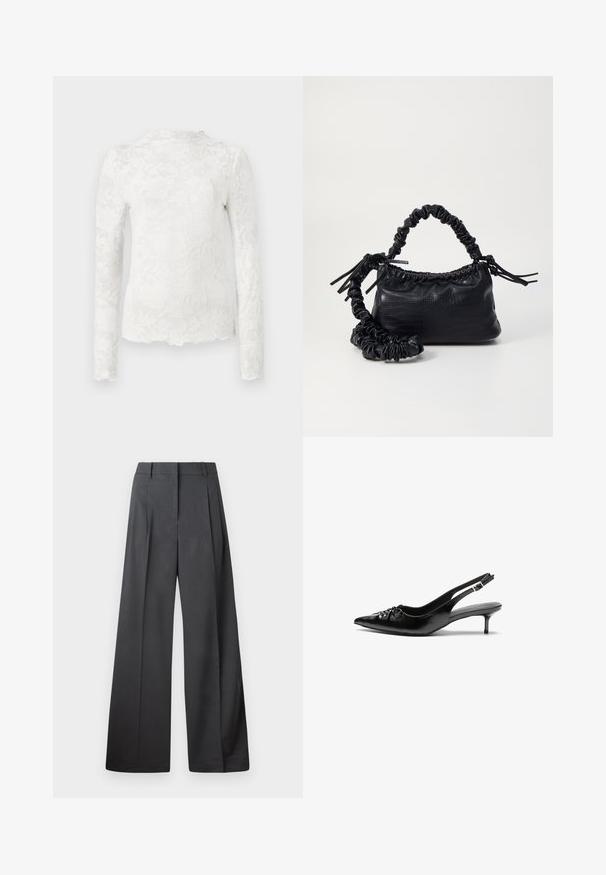 White long-sleeve top with high neckline, featuring a subtle floral lace pattern and scalloped hem.; Wide-leg trousers in dark gray fabric, featuring a high waist, single pleats, and a smooth texture with a clean finish at the hems.; Black leather slingback heels with a pointed toe, small kitten heel, and a decorative knot detail on the front. Smooth texture throughout.; Black faux leather handbag with a crocodile texture, cinched top, and a scrunched strap. Appears soft and compact in design.