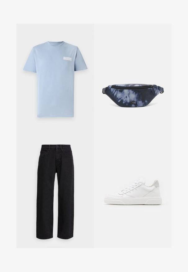 Light blue cotton T-shirt with a crew neckline and short sleeves; features a small white "GUESS" logo on the left chest. Smooth texture.; Black denim wide-leg pants with a high waist, featuring five pockets and a button closure. Fabric has a smooth texture and slight stretch.; White leather sneakers with a smooth finish, rounded toe, flat laces, and a textured sole. Grey suede accent at the heel.; Fanny pack in dark blue tie-dye print with a zippered top, textured material, and a prominent logo detail on the front.