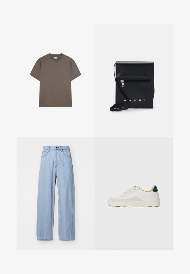 Scalpers - T-shirt basic; Jasnoniebieskie dżinsy o szerokim kroju, z przodu posiadające kieszenie, z zapięciem na guzik oraz z detalami w postaci przeszyć wzdłuż szwów.; Białe trampki z zamszowymi akcentami, zaokrąglony czubek, płaskie sznurowadła i kremowa gumowa podeszwa. Posiadają zielone logo na pięcie.; Czarna skórzana torebka na ramię z zasuwaną przednią kieszenią, wytłoczonym logo i regulowanym paskiem. Gładka tekstura z wyraźnym kształtem.