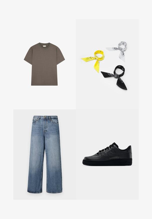 Scalpers SOLID - T-Shirt basic - brown; Weite blaue Denim-Jeans mit einer ausgewaschenen Optik, Fünf-Taschen-Design und einer Knopfverschluss. Ausgestattet mit Gürtelschlaufen und gestickten Details.; Schwarzer Nike Air Force 1 Schuh mit einem glatten Lederoberteil, perforierter Zehenpartie für Atmungsaktivität, schwarzen Schnürsenkeln und einer strukturierten Gummisohle.; Drei Bandanas: eine gelbe mit schwarzen Mustern, eine weiße mit schwarzen Designs und eine schwarze mit weißen Grafiken. Alle sind quadratisch und aus leichtem Stoff.