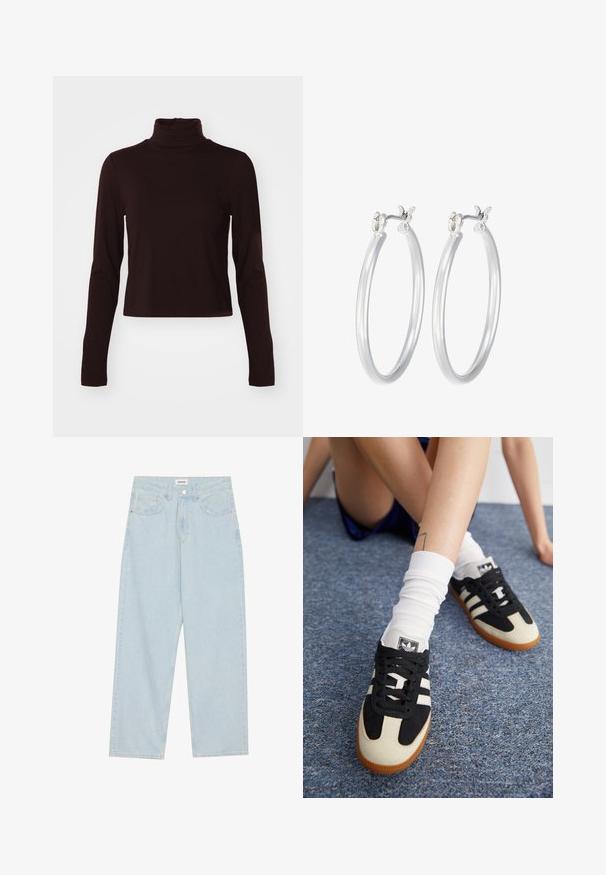 Burgundský rolák vyrobený z hladké tkaniny, s dlouhými rukávy a zkráceným střihem, s přiléhavým siluetem a bez viditelných vzorů.; Světle modré široké džíny z denimu, s mid-rise pasem, pěti kapsami a knoflíkovým zapínáním s úzkým kovovým akcentem.; Černobílé sportovní boty se svrškem z semiše a kůže, s třemi bílými pruhy a gumovou podrážkou. Pár je nošen s bílými ponožkami.; Stříbrné kruhové náušnice s hladkým, lesklým povrchem. Kulatý tvar a bezpečné zapínání na klip. Lehký design vhodný pro každodenní nošení.