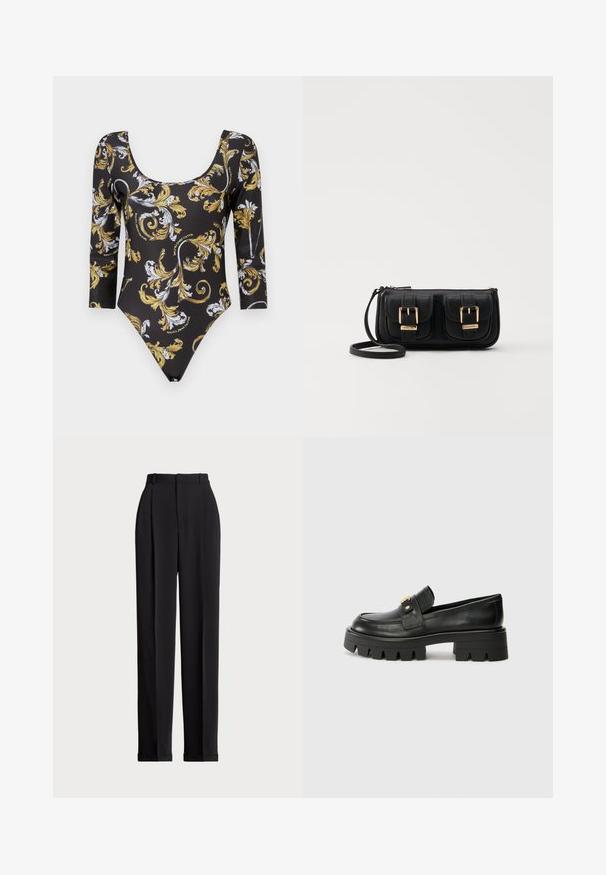 Črn bodi z cvetličnim vzorcem v zlatih in belih tonih, dolgimi rokavi in krojenim izrezom. Narejen je iz gladkega, elastičnega materiala.; Črne krojene hlače z visokim pasom, z naborki spredaj, ravnim krojem in manšetami na koncu. Narejene iz gladkega materiala.; Črne usnjene loaferje z debelim podplatom, ki imajo zlatoten naglas na sprednji strani in gladko površino. Debela oblika profila na podplatu.; Črna usnjena torbica čez ramo z dvema sprednjima žepoma, zlatimi zaponkami, zadrgo in ozkim pasom. Tekstura površine je strukturirana, obliko pa ima kompaktno pravokotno.