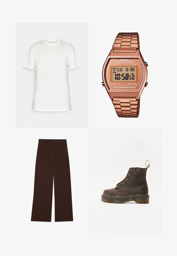 White cotton t-shirt with a round neck. Features a small, embossed logo in white on the chest. Short sleeves and a straight cut.; Brown wide-leg trousers with pleats. Made of a smooth fabric, featuring a tailored waistband and side pockets. Flat hem at the bottom.; Brown leather ankle boot with a round toe, contrasting yellow stitching, decorative metal eyelets, and a grooved rubber sole.; Digital Casio watch with a rose gold metal band, rectangular case, illuminated display, and water resistance, showing time and date.