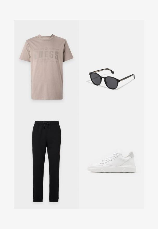 Heled beez t-särk, mis on valmistatud puuvillast, omades ümmargust kaela, lühikesi varrukaid ja trükitud disaini, kus brändi nimi "GUESS" on tumehallis värvis.; Mustad puuvillased mustad spordipüksid elastse vöökoha ja reguleeritava nööriga; külgsuunas on taskud ning püksisääred on kitsendatud.; Valged nahast spordijalatsid siledast nahast viimistlusega, ümarate varvastega, lamekestega ja tekstuuriga tallaga. Hall suede aktsent kanna juures.; BOSS Päikeseprillid - black