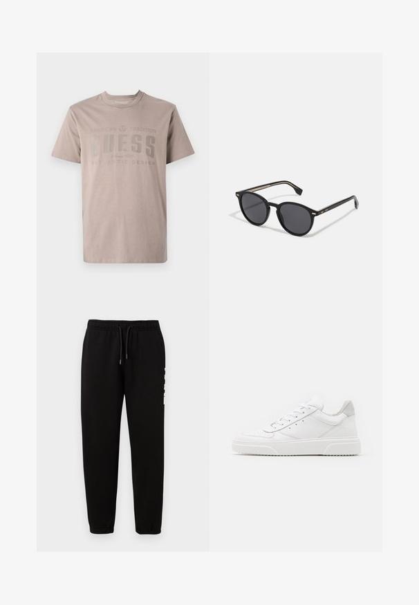 Light beige t-shirt made of cotton, featuring a crew neck, short sleeves, and a printed design with the brand name "GUESS" in dark gray.; KARL LAGERFELD PANTS - Tracksuit bottoms - black; White leather sneakers with a smooth finish, rounded toe, flat laces, and a textured sole. Grey suede accent at the heel.; BOSS Sunglasses - black