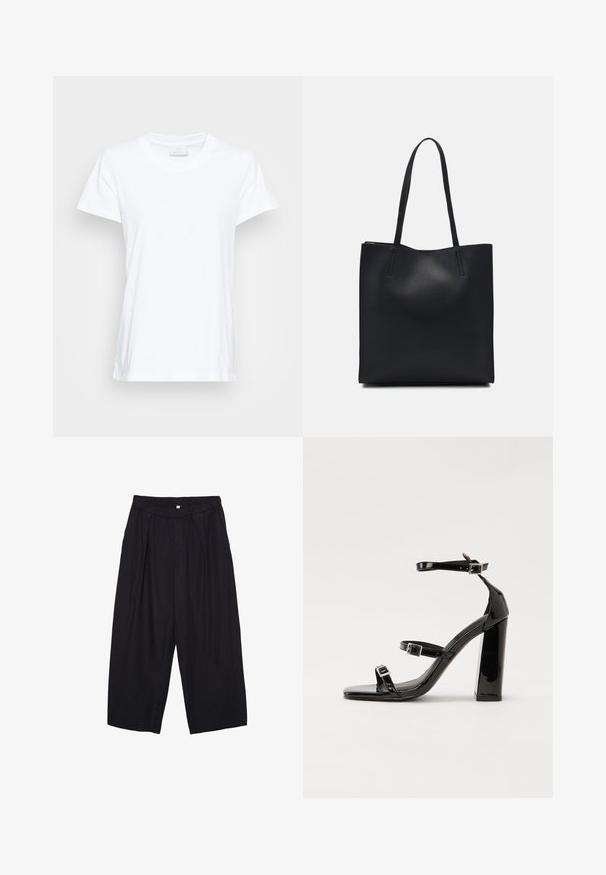 Weißes Kurzarm-T-Shirt aus weicher Baumwolle. Mit rundem Halsausschnitt und einem leicht lockeren Schnitt sowie seitlichen Schlitzen für zusätzlichen Komfort.; Schwarze Polyester-Culotte mit einem elastischen Bund, zwei vorderen Falten und einer lockeren Silhouette. Keine sichtbaren Muster oder Hardware-Details.; Schwarze patentierte Sandalen mit Absatz, quadratischer Spitze, Knöchelriemen und silbernen Schnallen. Mit einem stabilen Blockabsatz für mehr Stabilität.; Schwarze Laptoptasche aus Leder mit glatter Textur, rechteckiger Form und zwei langen Griffen. Keine sichtbaren Beschläge oder Verzierungen.