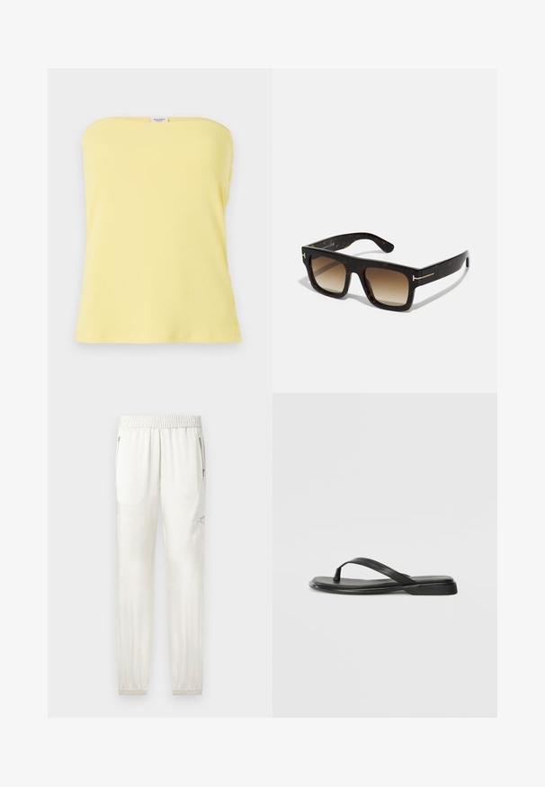 Top giallo a coste senza spalline con un design aderente. Presenta dettagli a bottone sul lato, una texture liscia e un scollo dritto.; Jogger leggeri color crema con vita elasticizzata, polsini affusolati, tasche laterali e dettagli con zip. Tessuto liscio con una finitura leggermente lucida.; Infradito neri in pelle liscia, con un design a fascia sottile e una suola piatta dal profilo minimale. Nessun motivo o accento particolare.; Occhiali da sole tartarugati con montatura quadrata, lenti marroni sfumate e sottili dettagli in oro sugli steli.; Borsa a spalla in suede marrone con due manici morbidi, una tracolla verticale con un accento in argento e una parte superiore larga e aperta. Texture liscia, design minimalista.