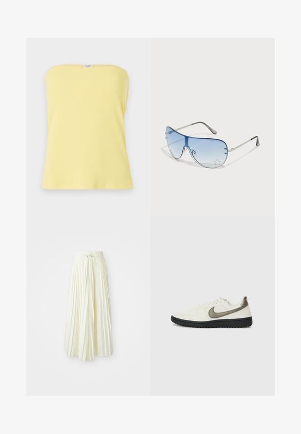 Yellow ribbed strapless top with a fitted design. Features button accents on the side, smooth texture, and a straight neckline.; Pleated midi skirt in light yellow fabric, featuring an elastic waistband with a tie, smooth texture, and vertical stripes for added detail.; Nike Sportswear FIELD GENERAL - Trainers - off-white/black; Aviator sunglasses featuring a gradient blue lens, silver metal frame, and decorative star accents on the lens. Smooth and sleek design.
