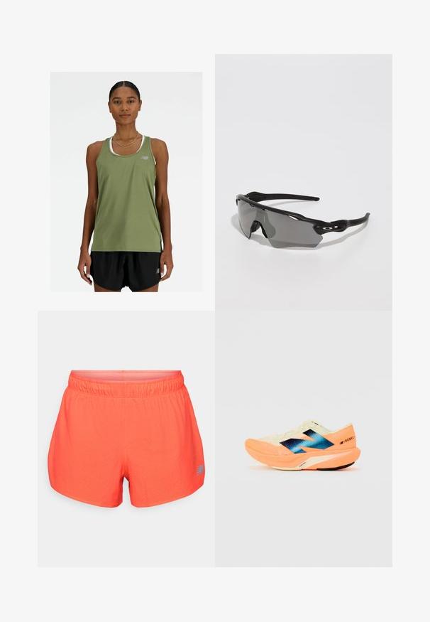 New Balance SPORT ESSENTIALS TANK - Topp - dark olivine; Meeste jooksuteks mõeldud lühikesed püksid erksas korallitoonis, valmistatud hingavast kangast, millel on perforatsioonidega tekstuur. Omavad elastset vöökohta ja sinist logo aktsenti.; Kergjalats kergest kreemjas ülemisest osast, sinise brändingu ja oranžide aktsentidega taldadel. Võrgumaterjal tagab hingavuse.; Mustad mustes sportlikud prillid, millel on stiilne disain, ümberpea objektiiv, halli tooniga objektiiv ning tekstuuriga mustad templivarred. Ühtegi nähtavat logo ei ole.