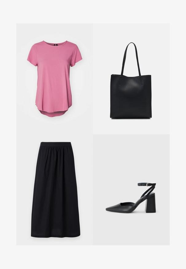 Rosa kortermet t-skjorte med rund hals, avslappet passform og en litt lengre bakhem. Laget av mykt, glatt stoff.; Svart midi-skjørt med en samlet elastisk midje, en glatt tekstur og en flytende silhuett, designet for komfort og enkel bevegelse.; Svart lær pumps med spiss tå, ankelrem og kraftig hæl. Flat tekstur, strømlinjeformet design og minimalisme.; Svart lær tote bag med glatt tekstur, rektangulær form og to lange håndtak. Ingen synlige deler eller dekorasjoner.