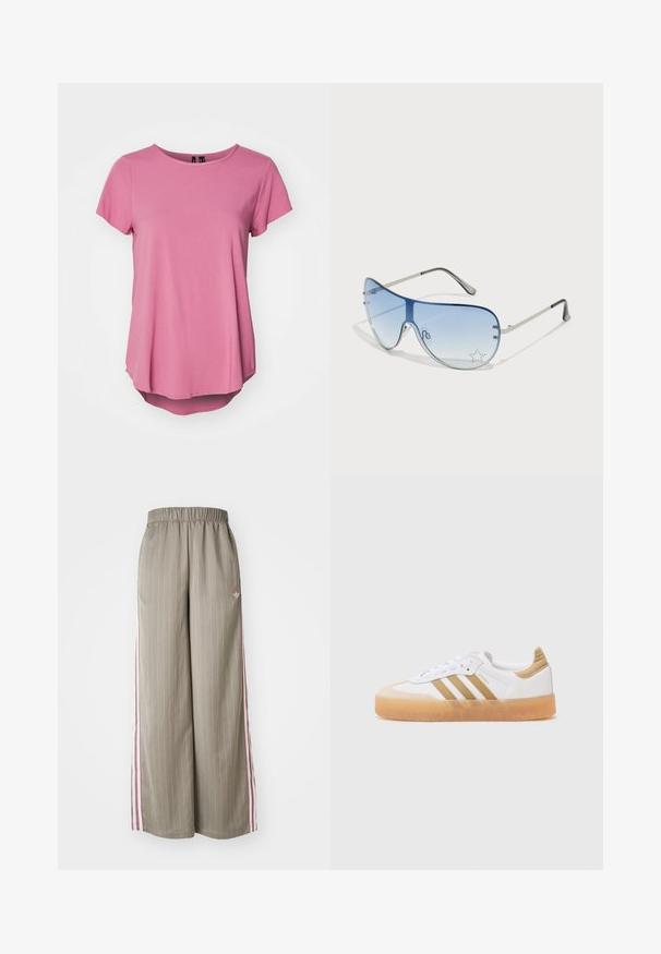 T-shirt rosa a maniche corte con scollo rotondo, vestibilità morbida e orlo posteriore leggermente più lungo. Realizzato in tessuto morbido e liscio.; Pantaloni larghi di colore verde oliva chiaro con righe verticali, vita elastica e strisce rosa sui lati. Presentano un piccolo logo sull'anca.; Sneaker bianco con accenti beige, caratterizzato da tre strisce, una punta arrotondata e una suola in gomma traslucida. Materiali in pelle liscia e tessuto.; Occhiali da sole aviator con lenti blu sfumate, montatura in metallo argentato e decorazioni a forma di stella sulle lenti. Design liscio e sofisticato.