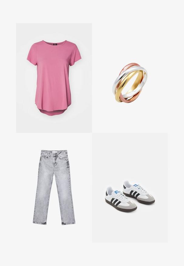 Rosa t-shirt med kort ärm och rund halsringning, med en avslappnad passform och en något längre bakre fåll. Tillverkad av mjukt, slätt tyg.; Grå denimjeans med rak benpassform, slitna detaljer, fem fickor och kopparnitar. Midjan har en logotagg.; Sportskor med överdel i vit läder, grå mocka på tårna och tre svarta ränder. Har en blå logotyp på tungan och en texturerad gummisula.; Tre sammanflätade ringar av polerad silver, guld och roséguld med en slät, rundad design och en glänsande finish.
