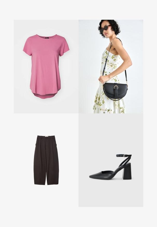 Roza majica kratkih rukava s okruglim izrezom, opuštenog kroja i nešto dužim stražnjim rubom. Izrađena je od mekog, glatkog materijala.; Crne široke hlače napravljene od glatke tkanine, s visokim strukom, prednjim nabranjima i bočnim džepovima. Jednostavan dizajn bez ukrasa.; Crne kožne cipele s špicastim vrhom, remenom oko gležnja i debelim potplatom. Ravna tekstura, elegantan dizajn i minimalistička estetika.; Crna kožna torba s lukovitim oblikom, odvojivim remenom i zlatnim detaljima. Torba ima preklop s kopčom.