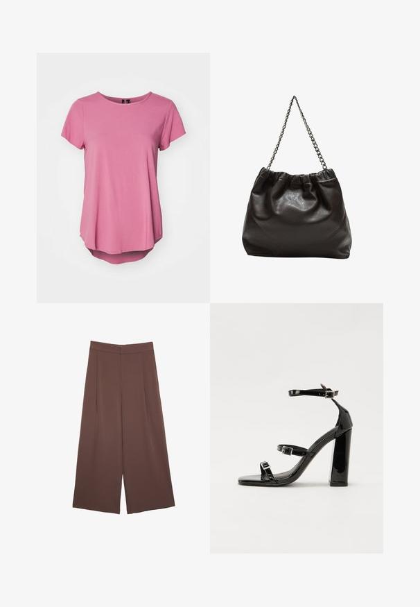 Ružové tričko s krátkym rukávom a okrúhlym výstrihom, vo voľnom strihu, s mírne dlhším zadným lemom. Vyrobené z mäkkej, hladkej látky.; Hnedé nohavice so širokými nohavicami a hladkou textúrou, s vysokým pásom a prednými skladmi. Tkanina je ľahká a voľne sa pohybuje.; Čierne lakované sandále na podpätku so štvorcovou špičkou, navlečenými remienkami okolo členku a striebornými prackami. Disponujú masívnym blokovým podpätkom pre stabilitu.; Hnedá kožená taška so zberaným vrchom a reťazovým popruhom. Hladký povrch s lesklým finišom a jemným švom po stranách.