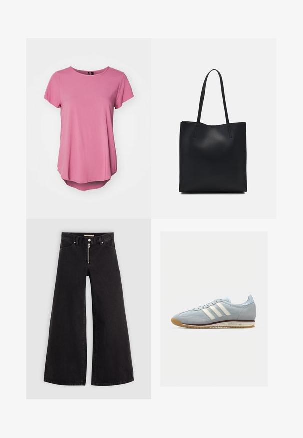 Roosa lühikeste varrukatega T-särkk, ümmarguse kaelusega, mugava lõikega ning veidi pikema tagakäe. Valmistatud pehmest ja siledast kangast.; Laiad teksad mustast denimist, millel on lukuga eesmine osa, viie taskuga disain ja peened õmblusdetailid. Sile tekstuur ja juhuslik stiil.; Heledad sinine sametist tennis, millel on valged kolm triipu, kummitald ja tekstureeritud sisu. Tooteomadused hõlmavad sujuvat varbakatet ja brändingut kontsapooles.; Mustast nahast kott sujuva tekstuuriga, ristkülikukujuline ja kahe pika sangaga. Pole nähtavat riistvara ega kaunistusi.