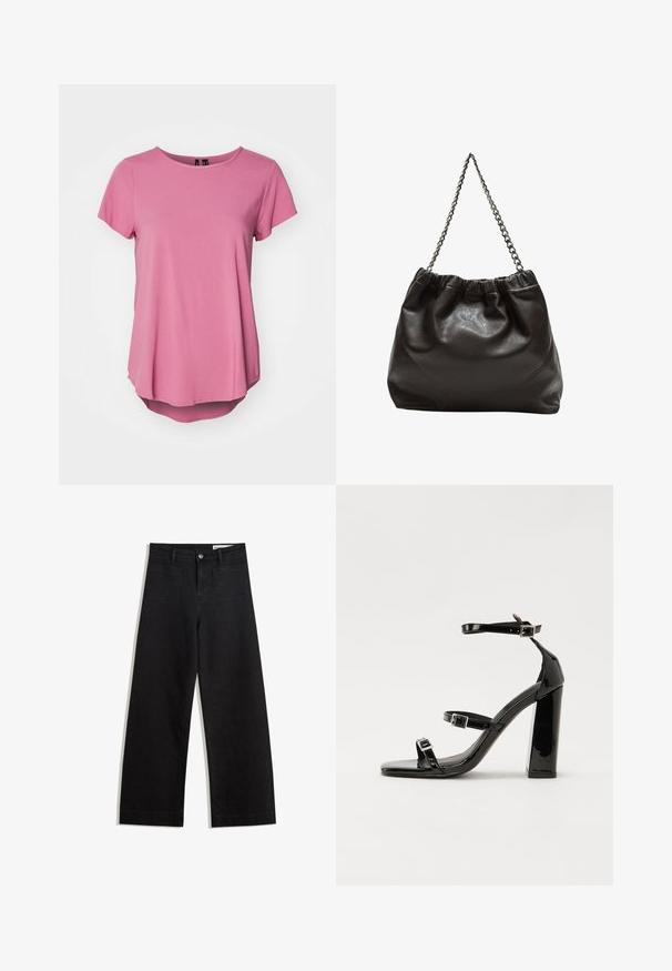 Vaaleanpunainen lyhythihainen t-paita, jossa on pyöreä kaula-aukko, rento malli ja hieman pidempi takakappale. Valmistettu pehmeästä, sileästä kankaasta.; Mustat leveät farkut korkealla vyötäröllä, joissa on etu- ja takataskut, ommellut saumat ja nappisuljenta. Silkinoinen rakenne.; Musta kiiltävä korkokenkä sandaalit neliönmuotoisella varpaalla, nilkkaremmillä ja hopeisilla soljilla. Varustettu tukevalla lohkokorkealla vakauden takaamiseksi.; Ruskea nahkainen laukku, jossa on kerätty yläosa ja ketjuhihna. Tasainen pinta, jossa kiiltävä viimeistely ja hienovaraiset sauman yksityiskohdat sivuilla.