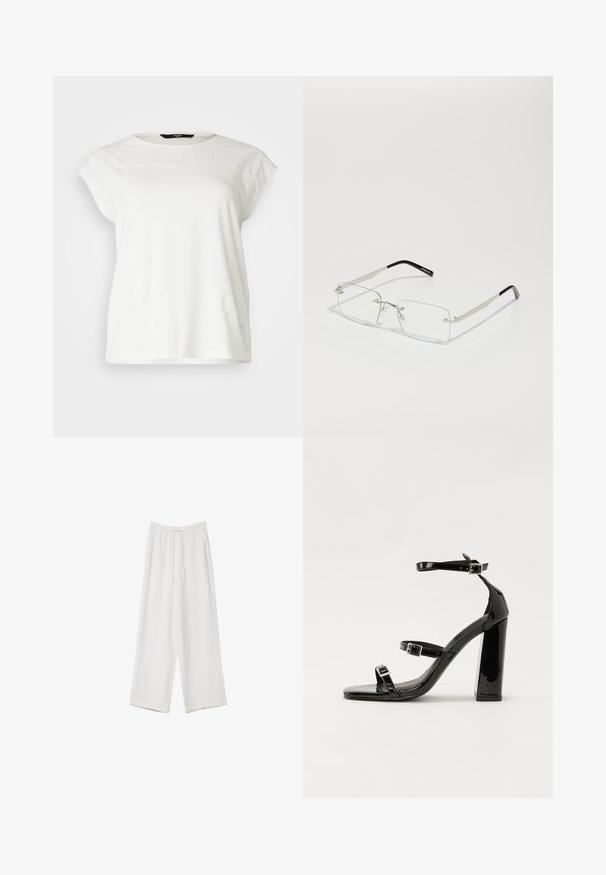 Bílý tričko s krátkým rukávem a hladkou krajkovou částí na ramenech, kulatým výstřihem a volným střihem. Měkký bavlněný materiál s jemnými detaily na ramenou.; Bílé široké kalhoty vyrobené z lehké tkaniny. Mají elastický pas se šňůrkou a boční kapsy. Hladká textura.; Černé lakované sandály na podpatku se čtveratou špičkou, lýtkovými pásky a stříbrnými přezkami. Disponují masivním blokovým podpatkem pro stabilitu.; Obdélníkové brýle s průhlednými skly, s tenkým stříbrným kovovým rámečkem a černými acetátovými koncovkami. Obsahují minimální komponenty pro elegantní design.
